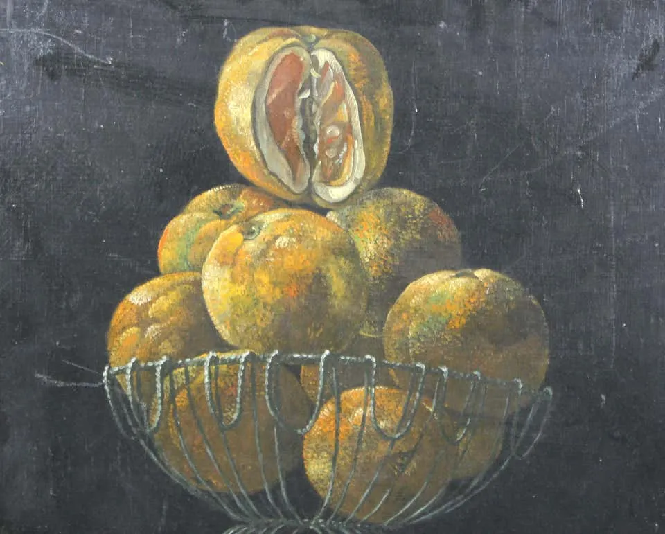 Dutch Style Still Life Oil Painting with Oranges and Metal Bowl