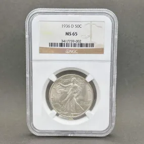 Estate 0.900 Fine Silver 1936 Walking Liberty $1 Coin NGC MS65