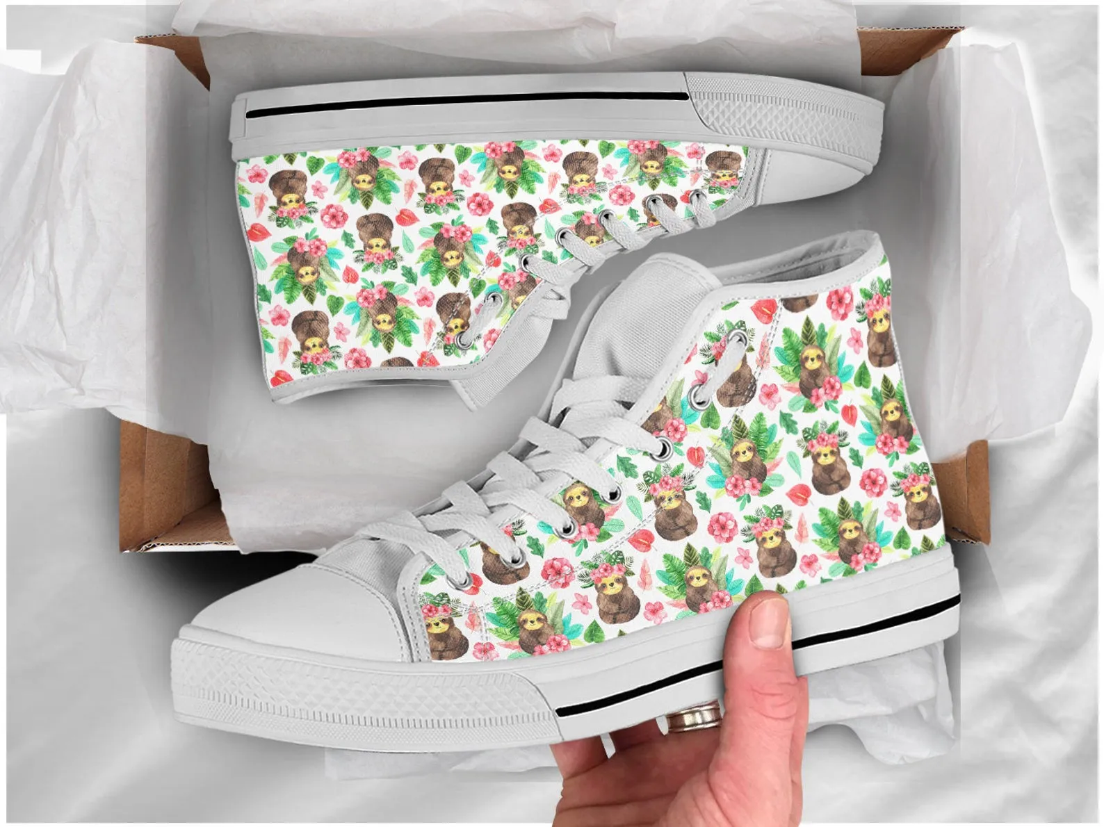 Floral Sloth Shoes Sloth Sneakers Cute Shoes Sloth Lover Gifts Custom High Top Converse Style Sneakers For Adults Women & Men