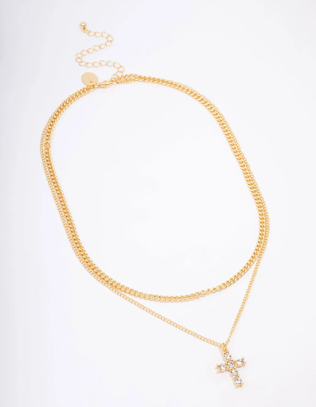 Gold Plated Diamante Cross Layered Curb Necklace