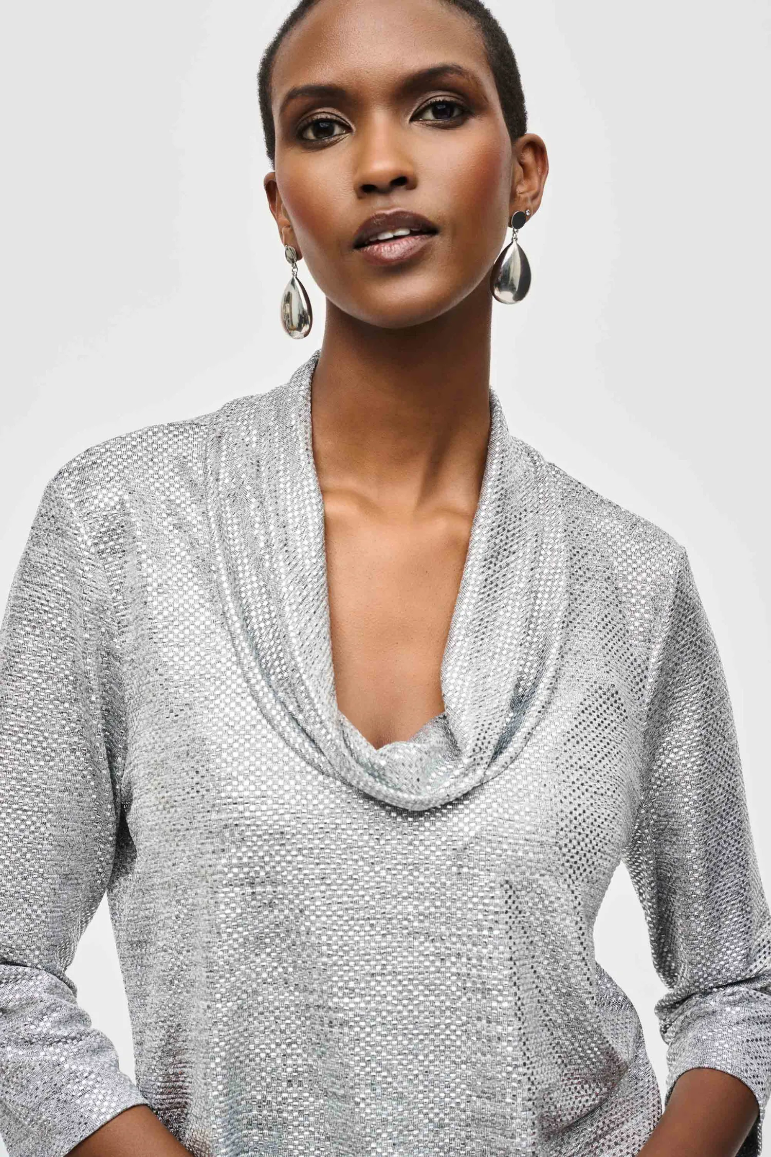 Joseph Ribkoff Foiled Knit Cowl Collar Top - Style 243167