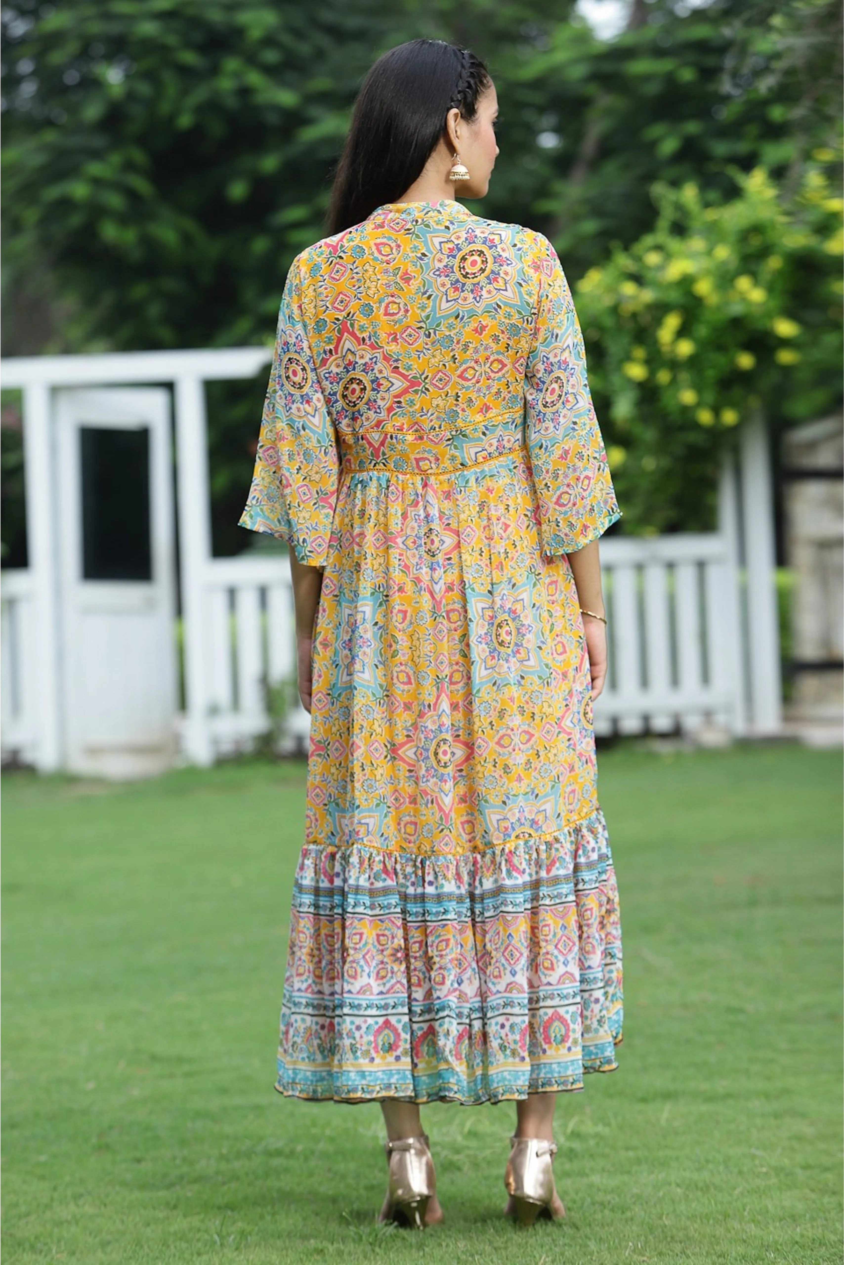 Juniper Mustard Geometric Printed Chiffon Tiered Maxi Dress With Buttons.