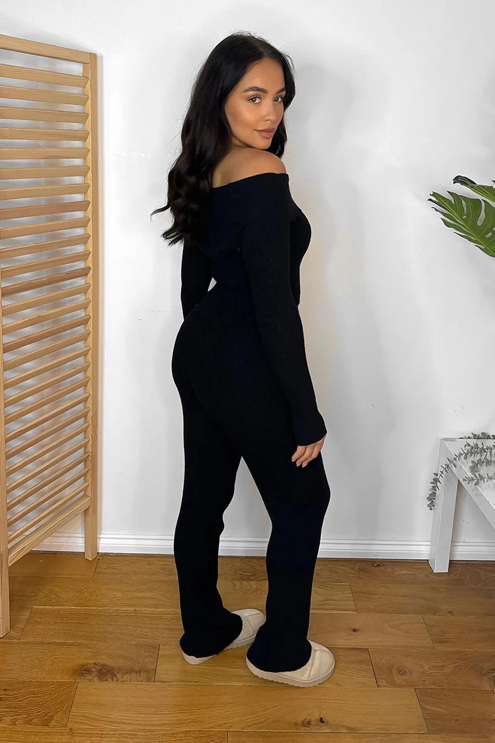 Knitted Bardot Top And Wide Leg Trousers Set