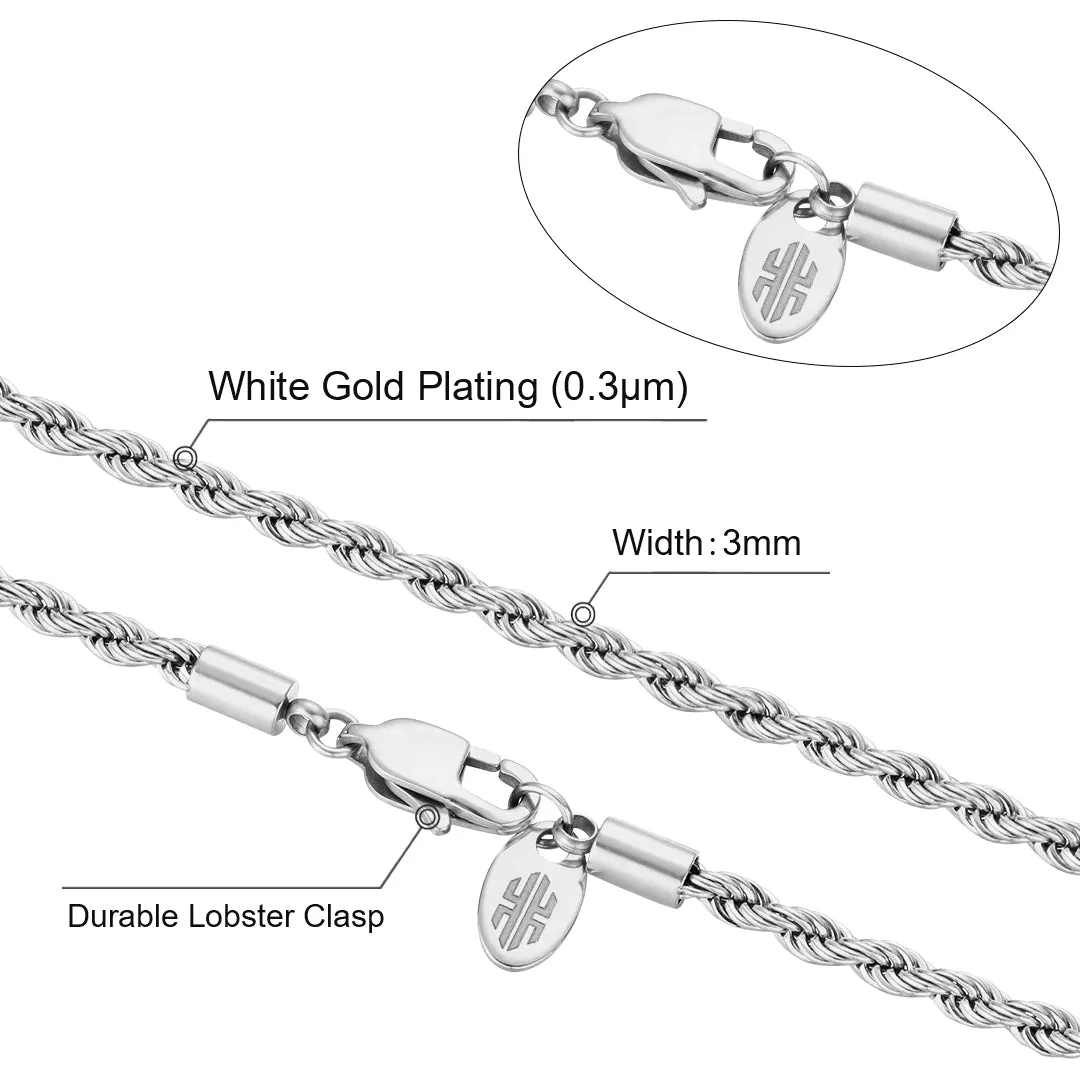 KRKC 3mm Stainless Steel Mens Rope Chains Set in White Gold