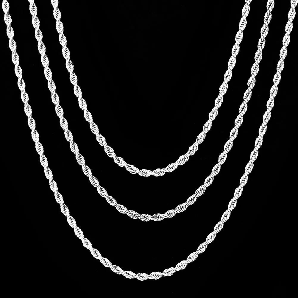 KRKC 3mm Stainless Steel Mens Rope Chains Set in White Gold