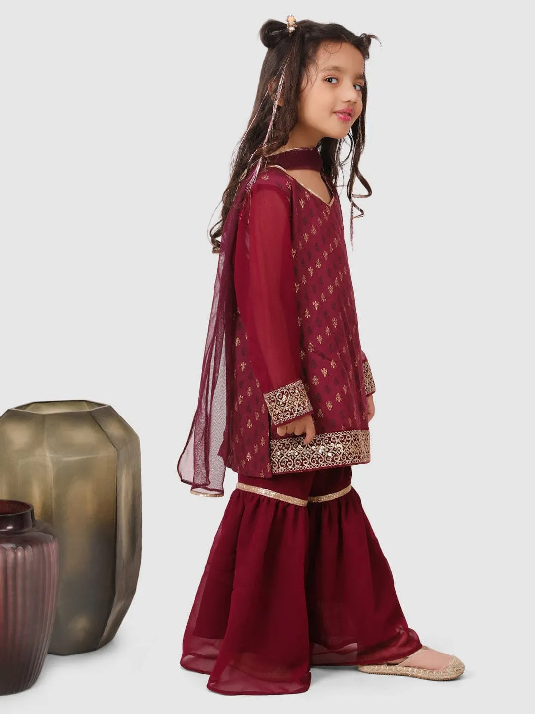 Lace embellished Sharara set with dupatta Wine