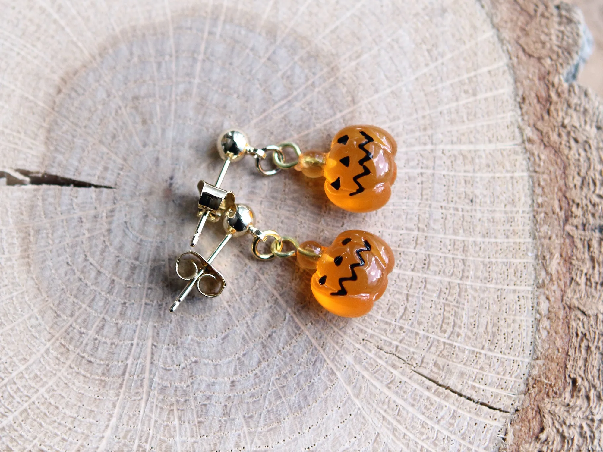 Little Jack O Lantern and Ghost Gold Ball Drop Earrings