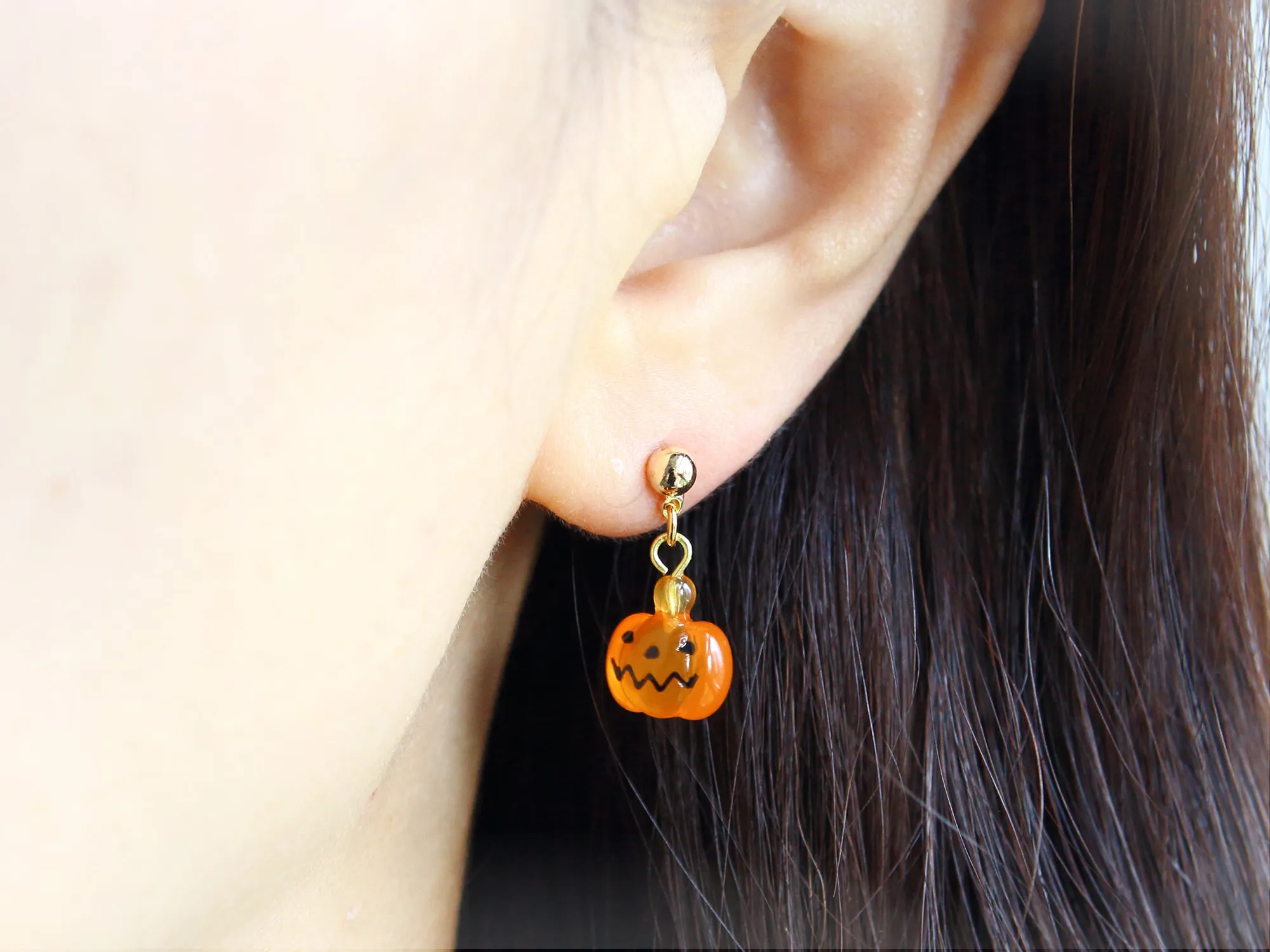 Little Jack O Lantern and Ghost Gold Ball Drop Earrings