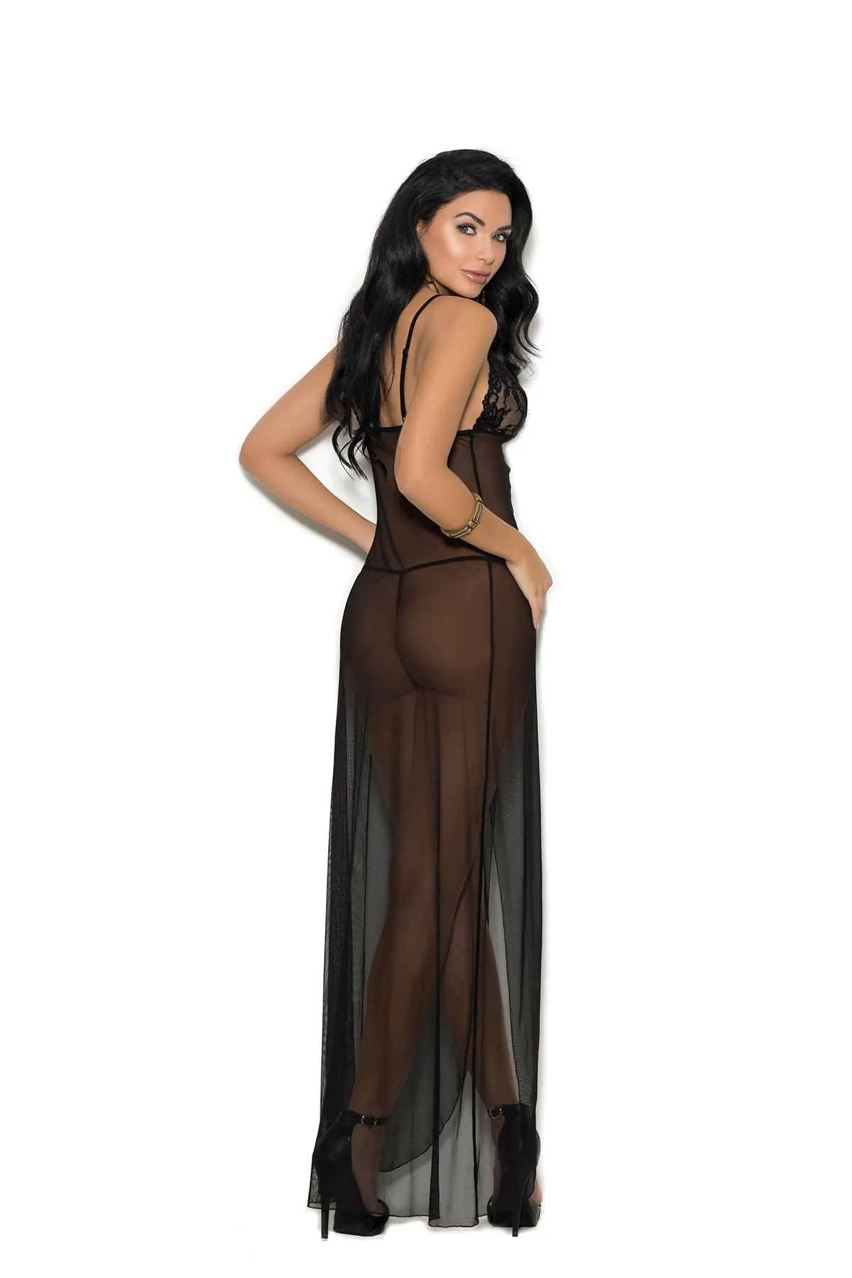 Long Mesh Gown Features Front Slit, Satin Bows