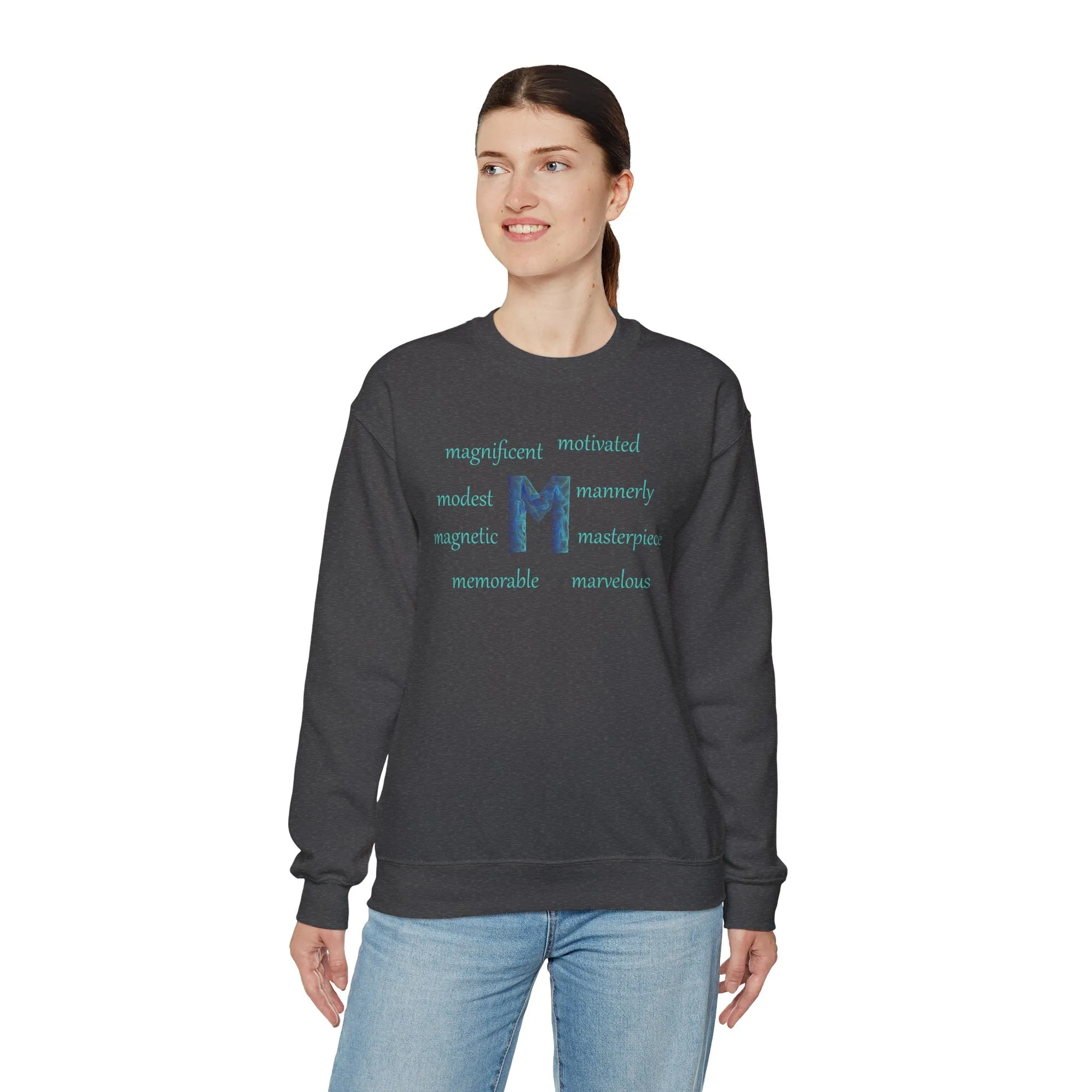 M Alphabet Sweatshirt, Optimistic, Mental Health, Motivational Alphabet Initial "M" Unisex Heavy Blend™ Crewneck Sweatshirt, Self-affirming Sweatshirt