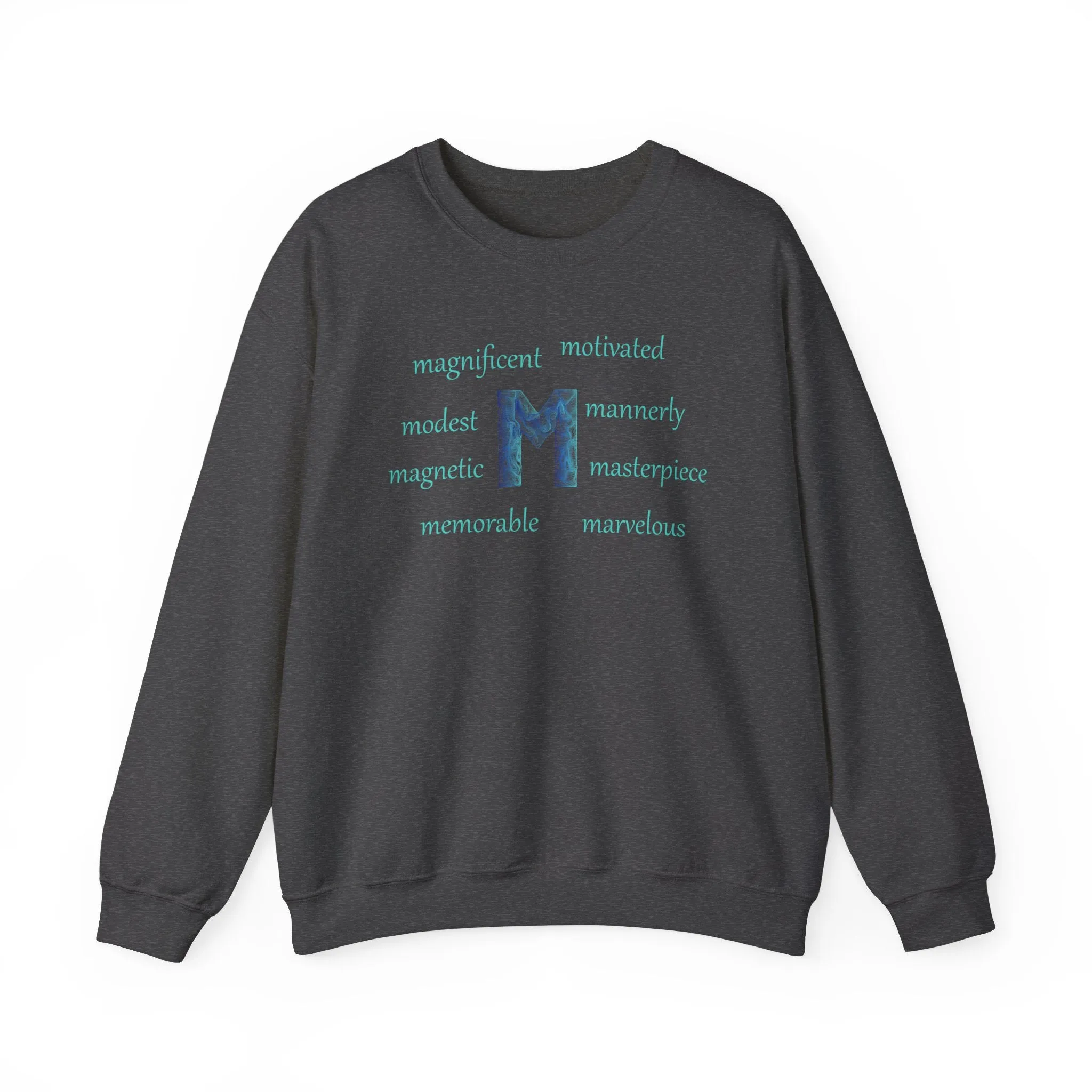 M Alphabet Sweatshirt, Optimistic, Mental Health, Motivational Alphabet Initial "M" Unisex Heavy Blend™ Crewneck Sweatshirt, Self-affirming Sweatshirt