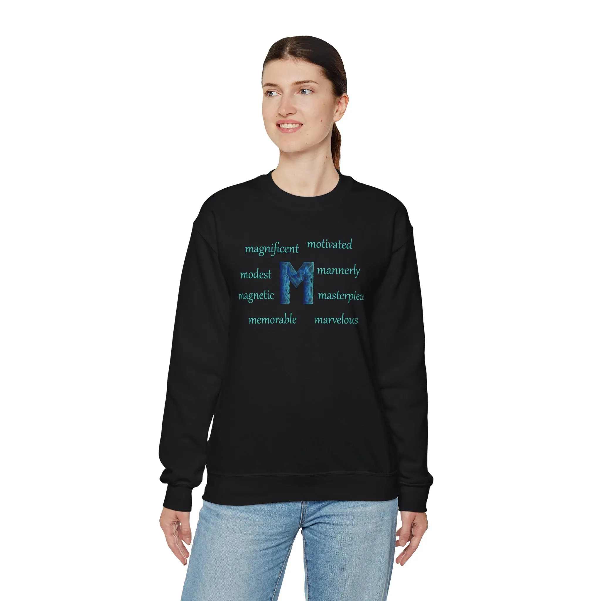 M Alphabet Sweatshirt, Optimistic, Mental Health, Motivational Alphabet Initial "M" Unisex Heavy Blend™ Crewneck Sweatshirt, Self-affirming Sweatshirt