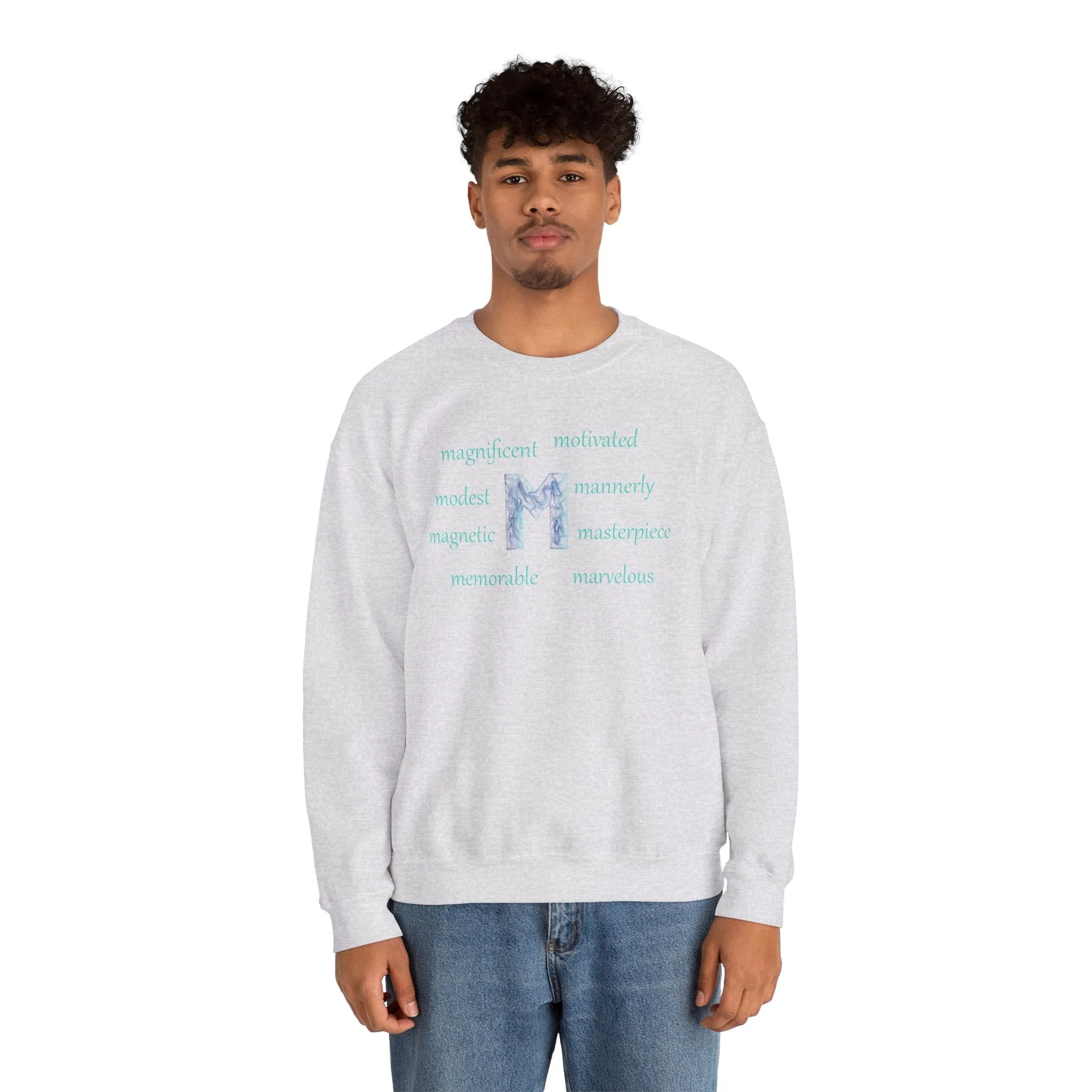 M Alphabet Sweatshirt, Optimistic, Mental Health, Motivational Alphabet Initial "M" Unisex Heavy Blend™ Crewneck Sweatshirt, Self-affirming Sweatshirt