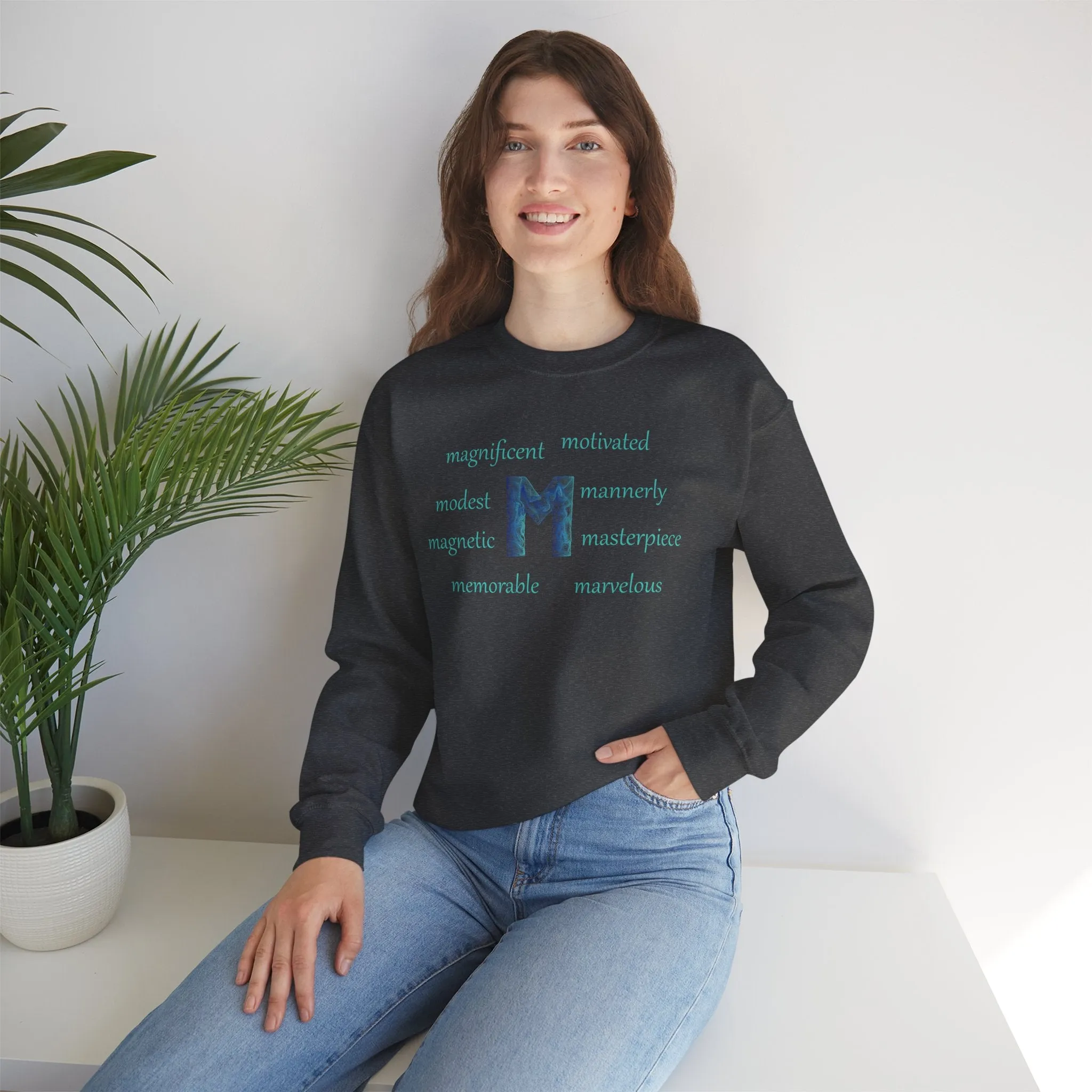 M Alphabet Sweatshirt, Optimistic, Mental Health, Motivational Alphabet Initial "M" Unisex Heavy Blend™ Crewneck Sweatshirt, Self-affirming Sweatshirt