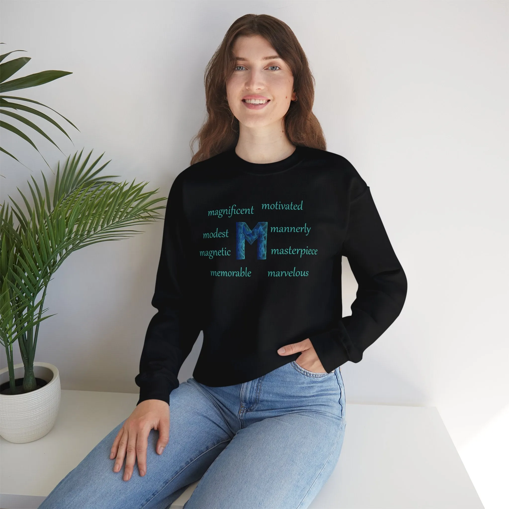 M Alphabet Sweatshirt, Optimistic, Mental Health, Motivational Alphabet Initial "M" Unisex Heavy Blend™ Crewneck Sweatshirt, Self-affirming Sweatshirt