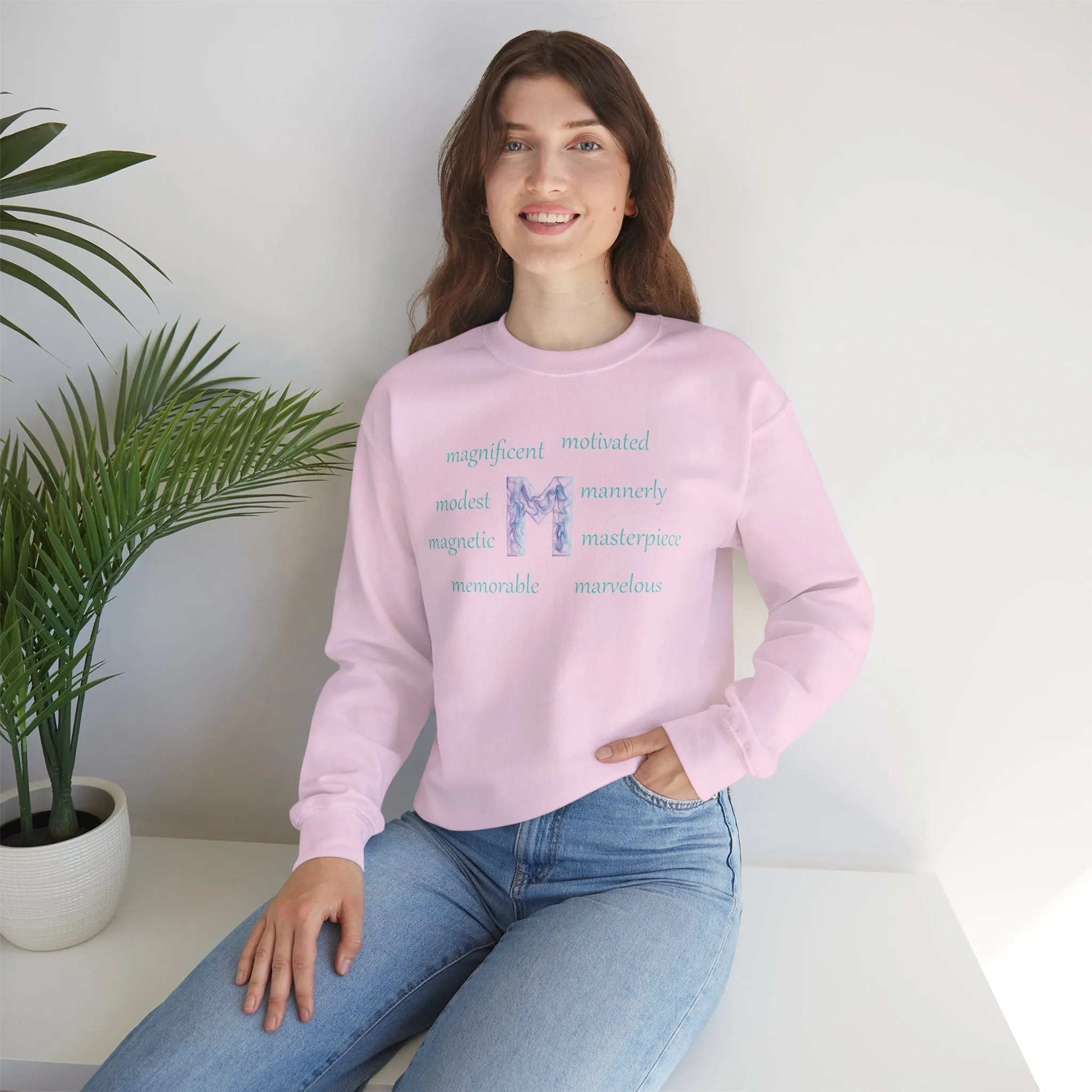 M Alphabet Sweatshirt, Optimistic, Mental Health, Motivational Alphabet Initial "M" Unisex Heavy Blend™ Crewneck Sweatshirt, Self-affirming Sweatshirt