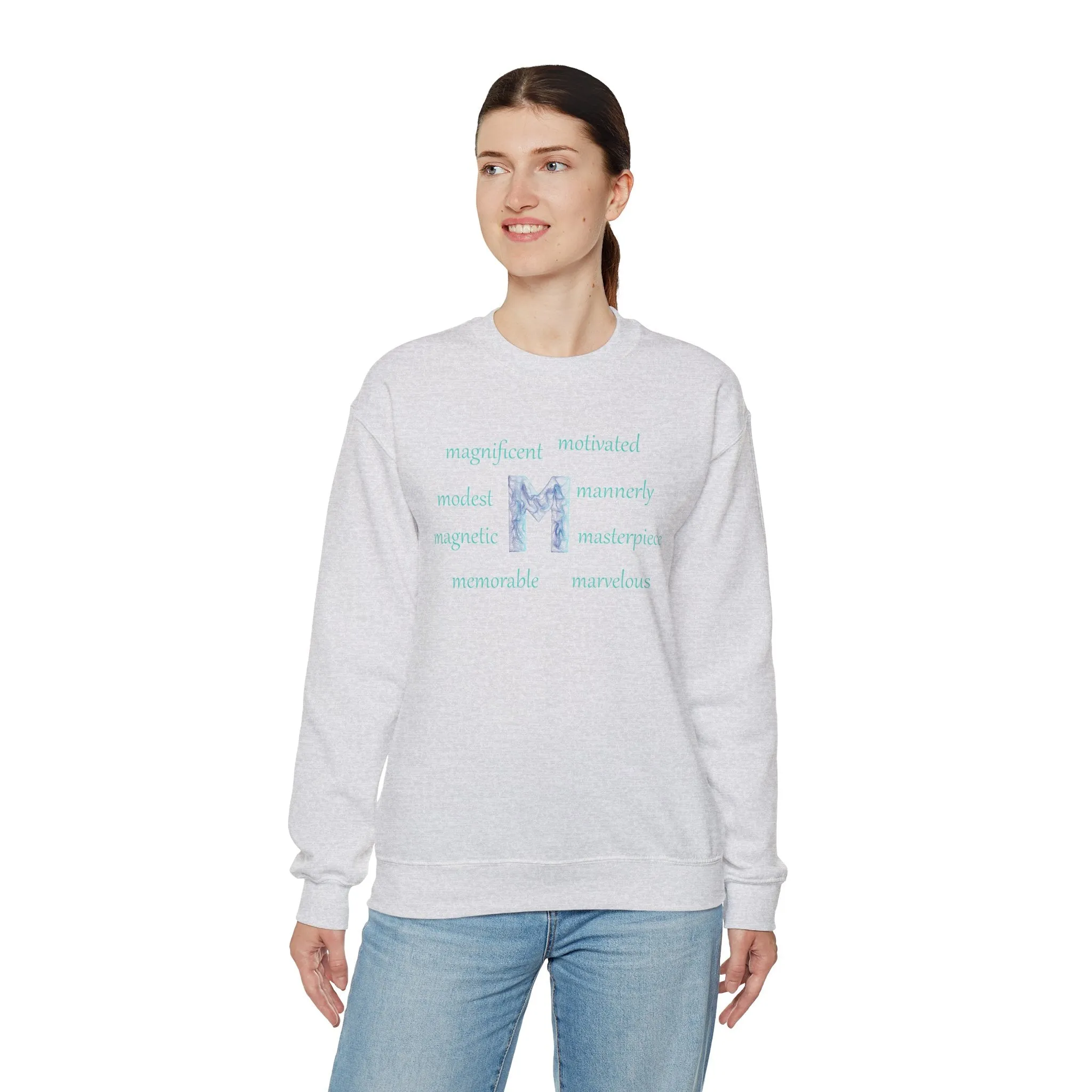 M Alphabet Sweatshirt, Optimistic, Mental Health, Motivational Alphabet Initial "M" Unisex Heavy Blend™ Crewneck Sweatshirt, Self-affirming Sweatshirt