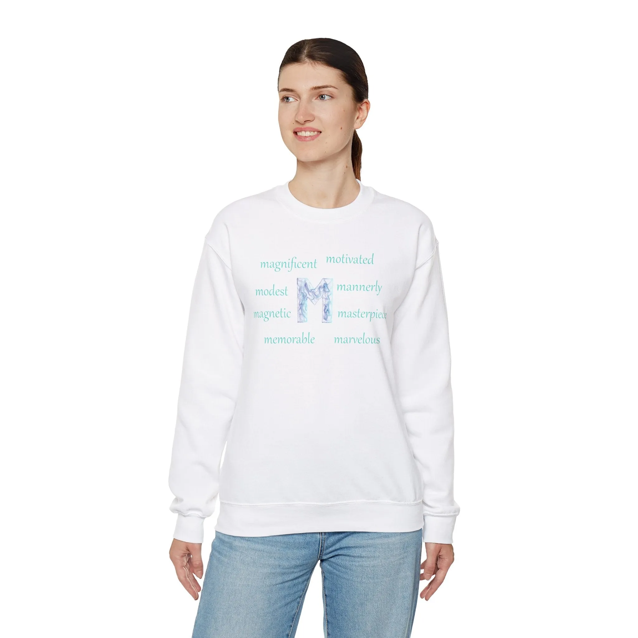 M Alphabet Sweatshirt, Optimistic, Mental Health, Motivational Alphabet Initial "M" Unisex Heavy Blend™ Crewneck Sweatshirt, Self-affirming Sweatshirt