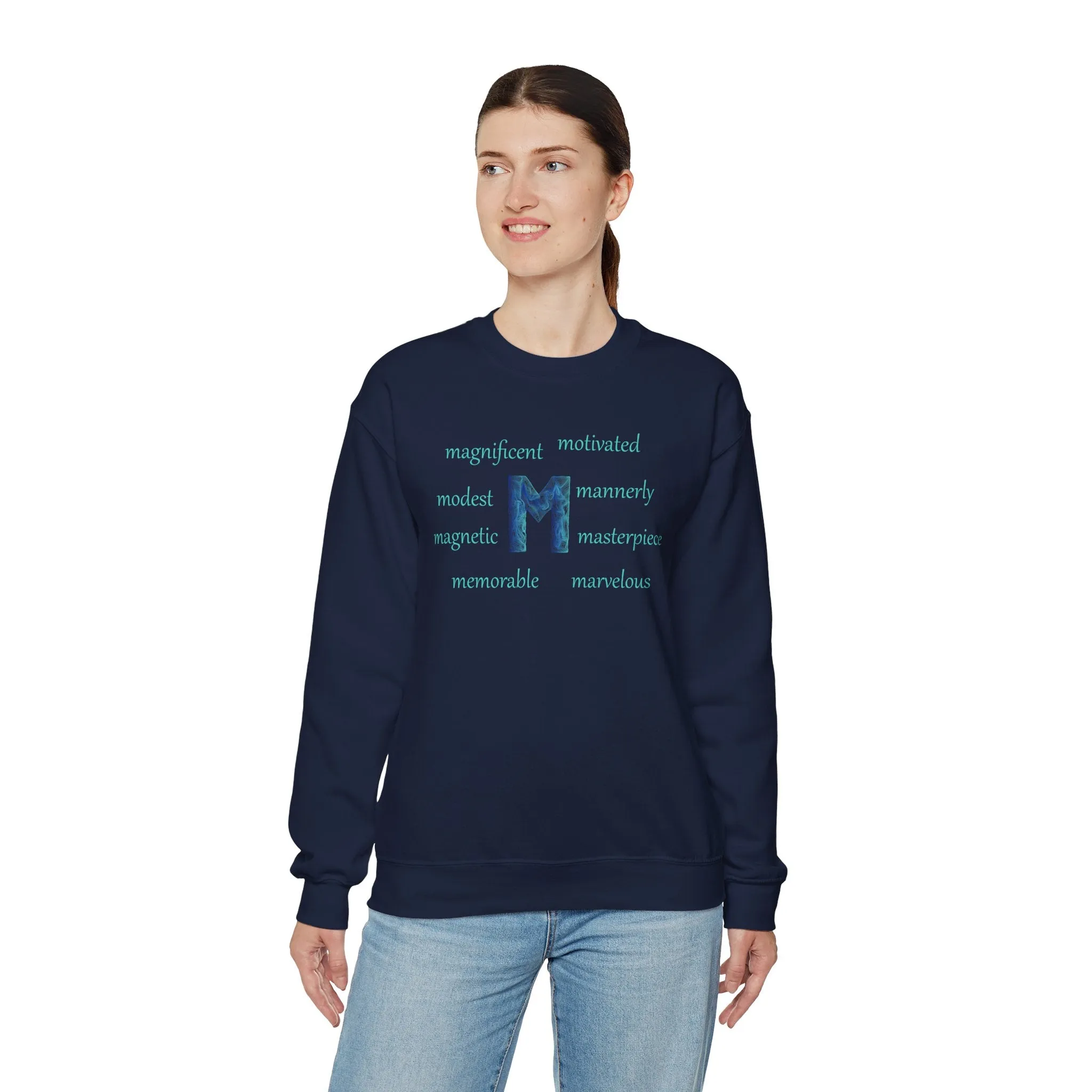 M Alphabet Sweatshirt, Optimistic, Mental Health, Motivational Alphabet Initial "M" Unisex Heavy Blend™ Crewneck Sweatshirt, Self-affirming Sweatshirt