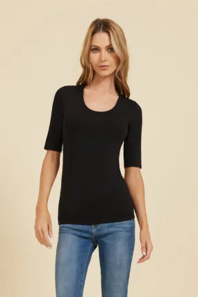 Majestic Elbow Sleeve Scoop Neck Tee in Noir