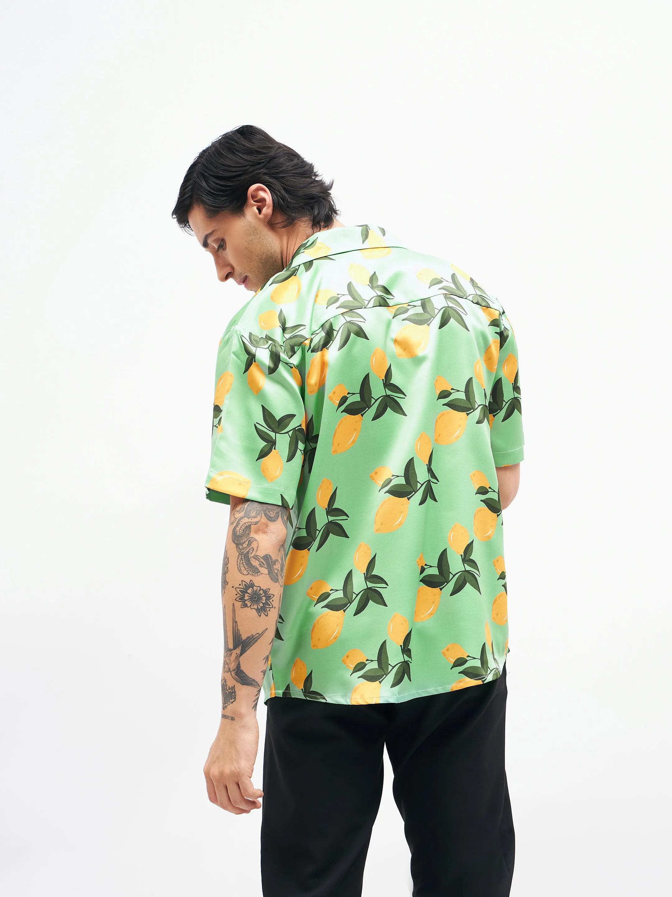 Men Green Tropical Short Sleeves Satin Shirt