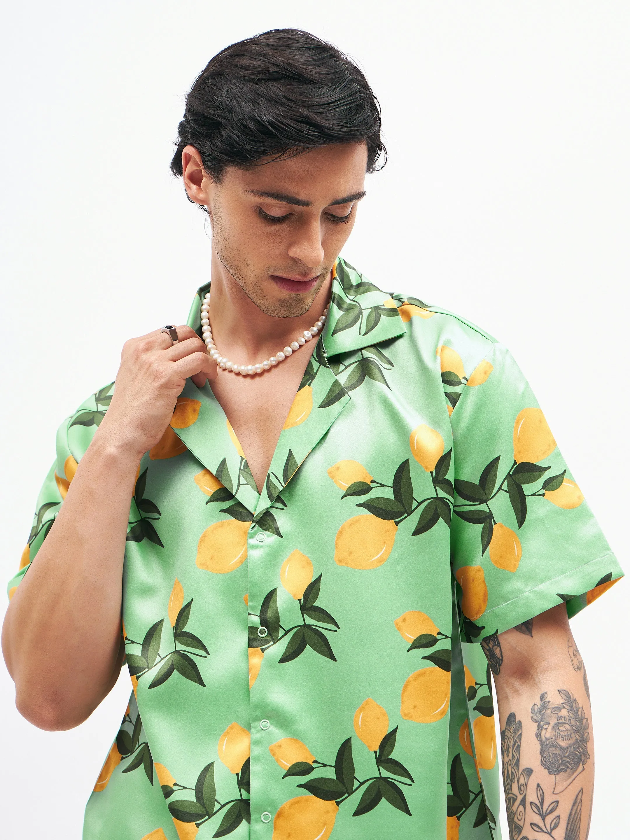 Men Green Tropical Short Sleeves Satin Shirt