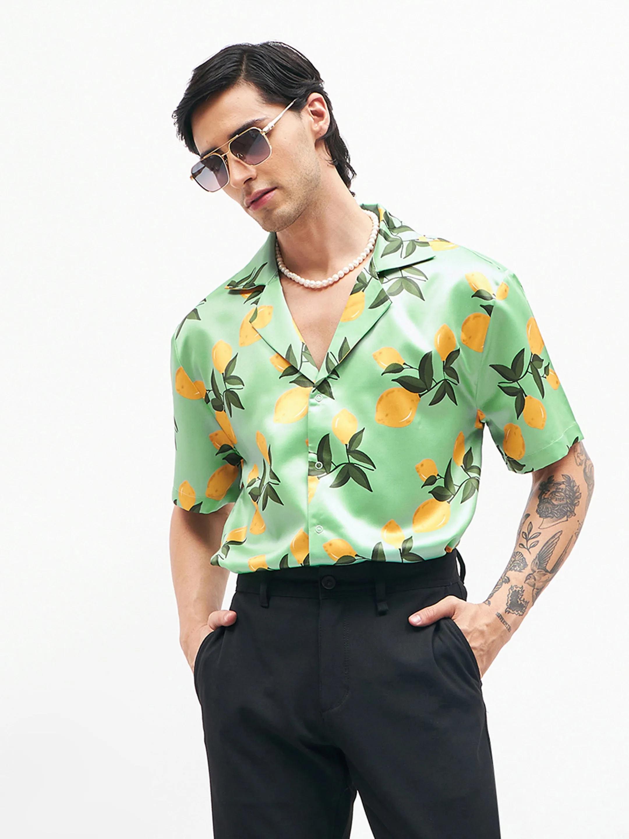 Men Green Tropical Short Sleeves Satin Shirt