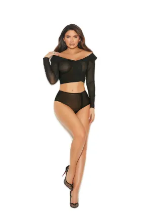 Off The Shoulder Long Sleeve Mesh Top with Collar, Buttons and Matching High Waisted Panty With Ruched Back