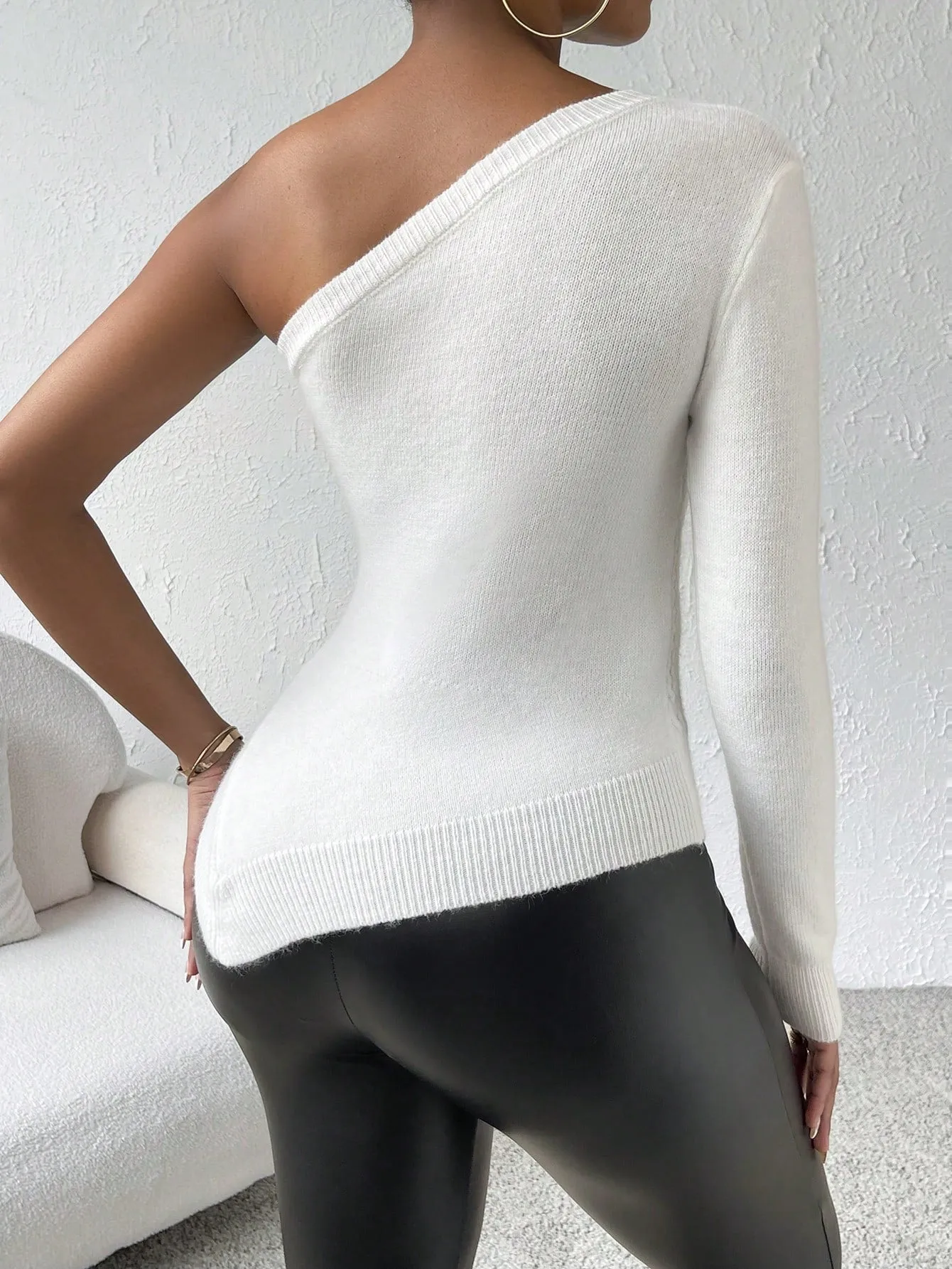 One Shoulder Asymmetrical Cable Knit Sweater