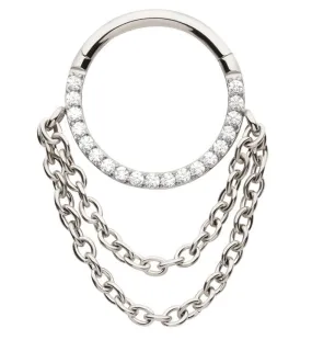 Pave CZ Double Dangle Chain Stainless Steel Hinged Segment Ring