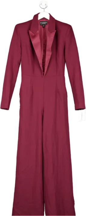 PrettyLittleThing Cherry Red Tailored Satin Lapel Straight Leg Jumpsuit UK 6