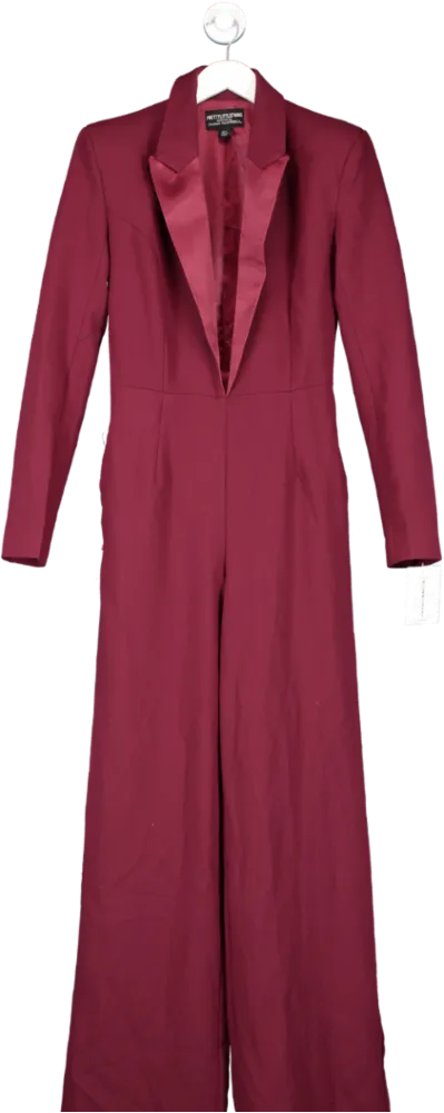 PrettyLittleThing Cherry Red Tailored Satin Lapel Straight Leg Jumpsuit UK 6