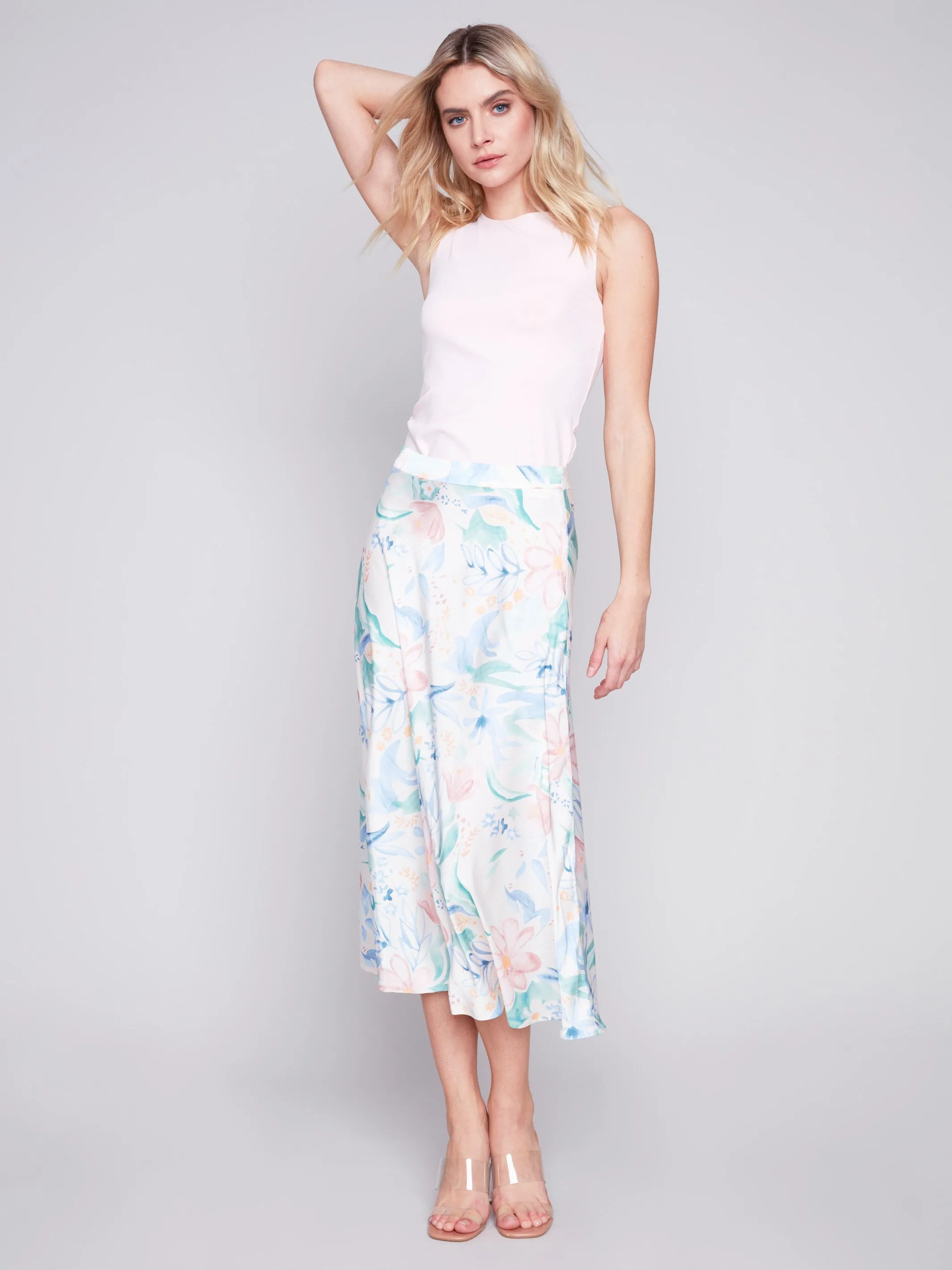 Printed Long Satin Skirt - Lotus