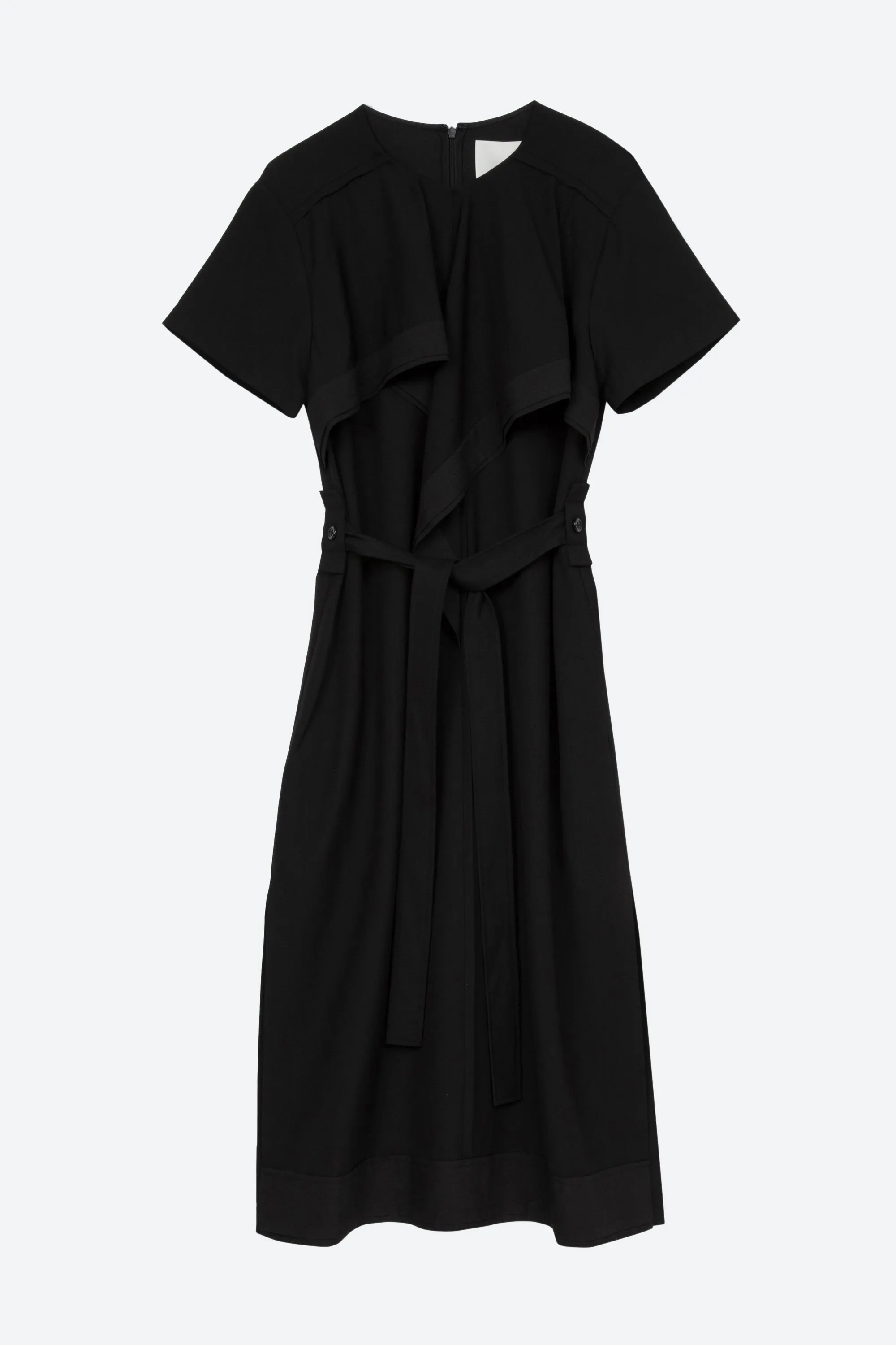 Short Sleeve Belted Dress With Cascade Drape