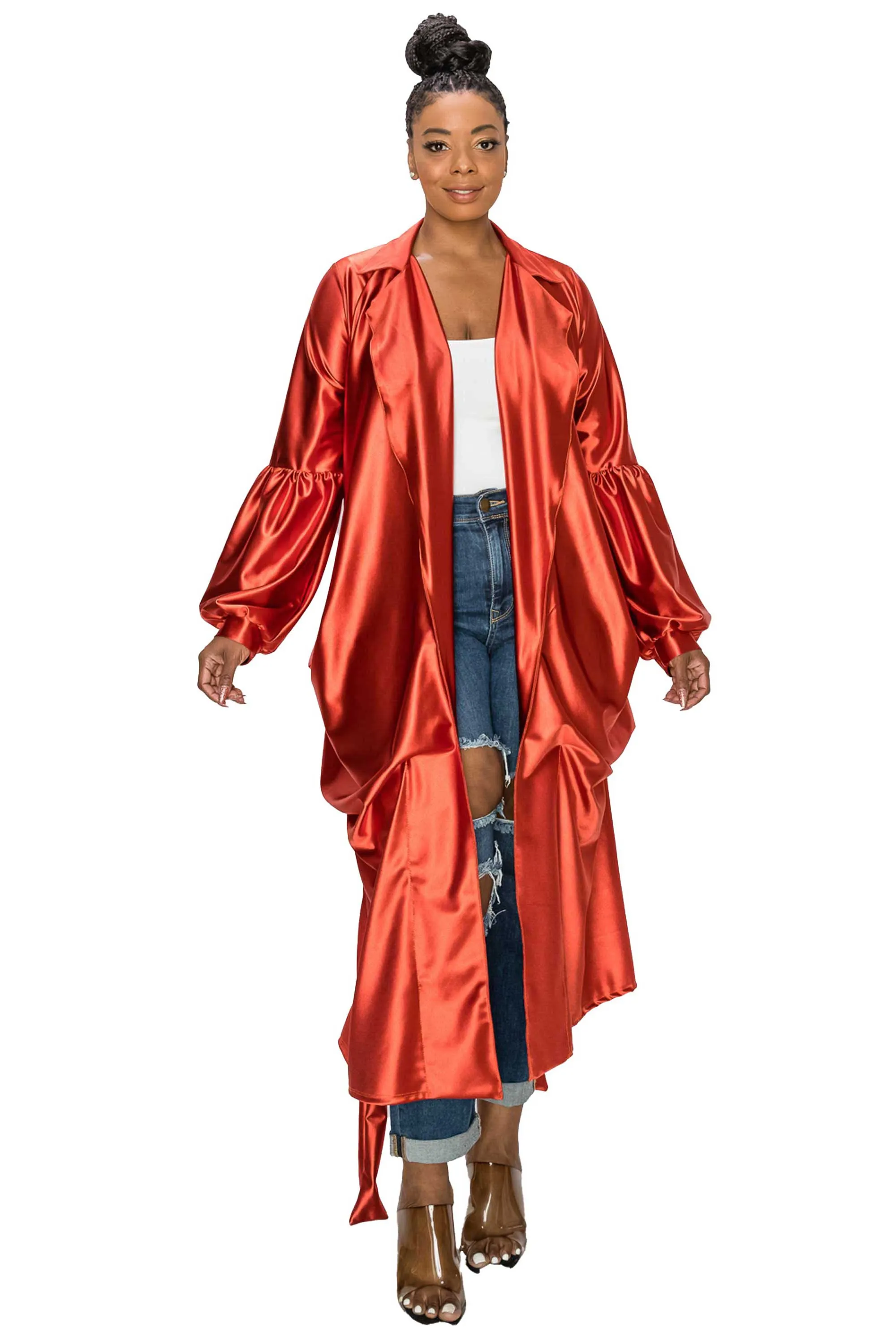 Soft Stretch Satin Belted Tie Coat