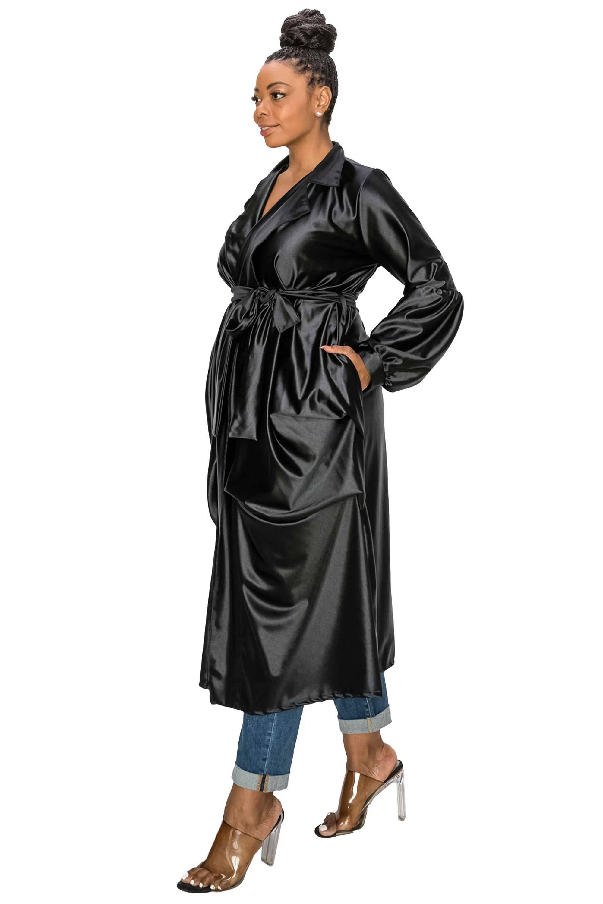 Soft Stretch Satin Belted Tie Coat