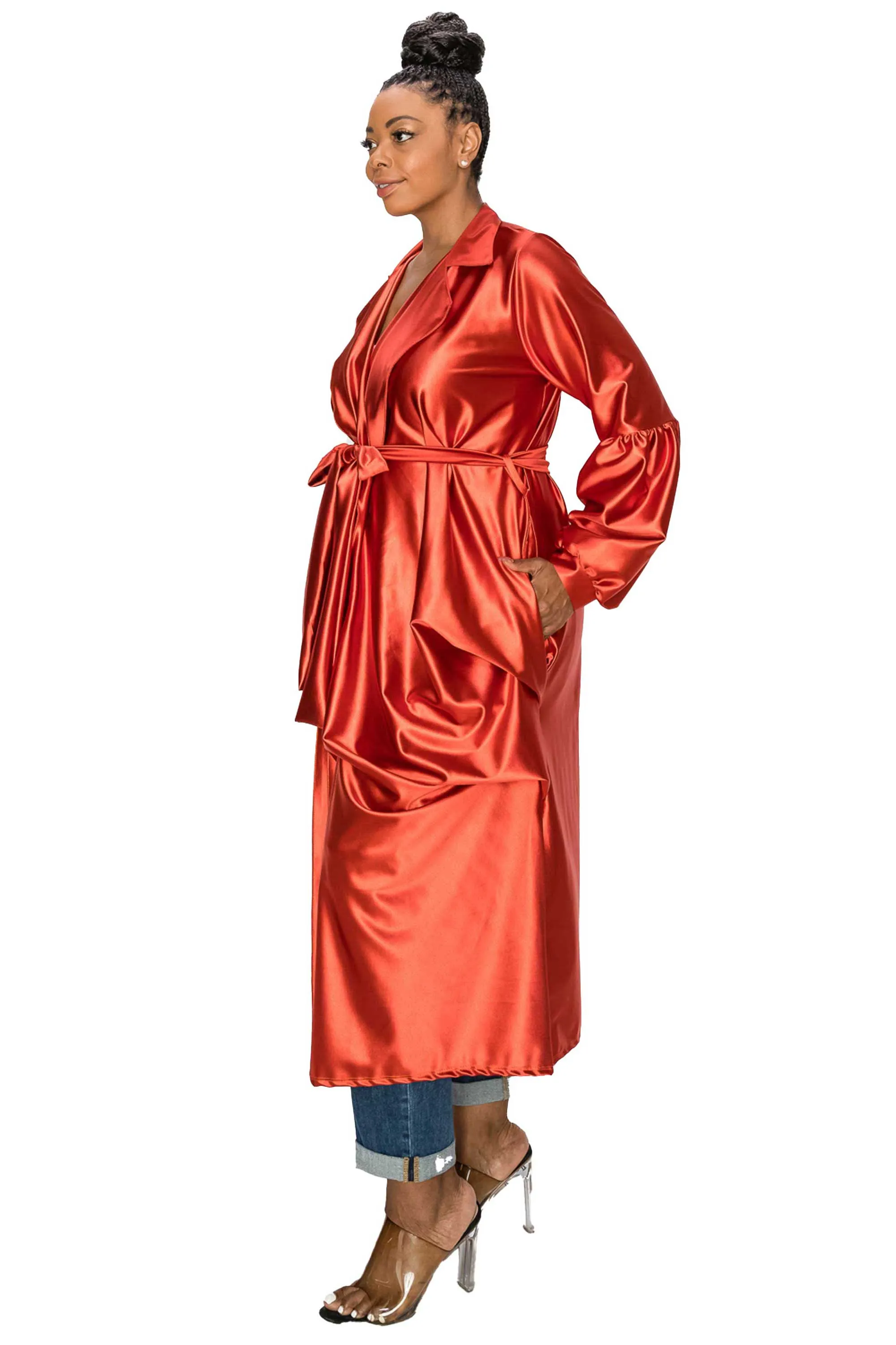 Soft Stretch Satin Belted Tie Coat