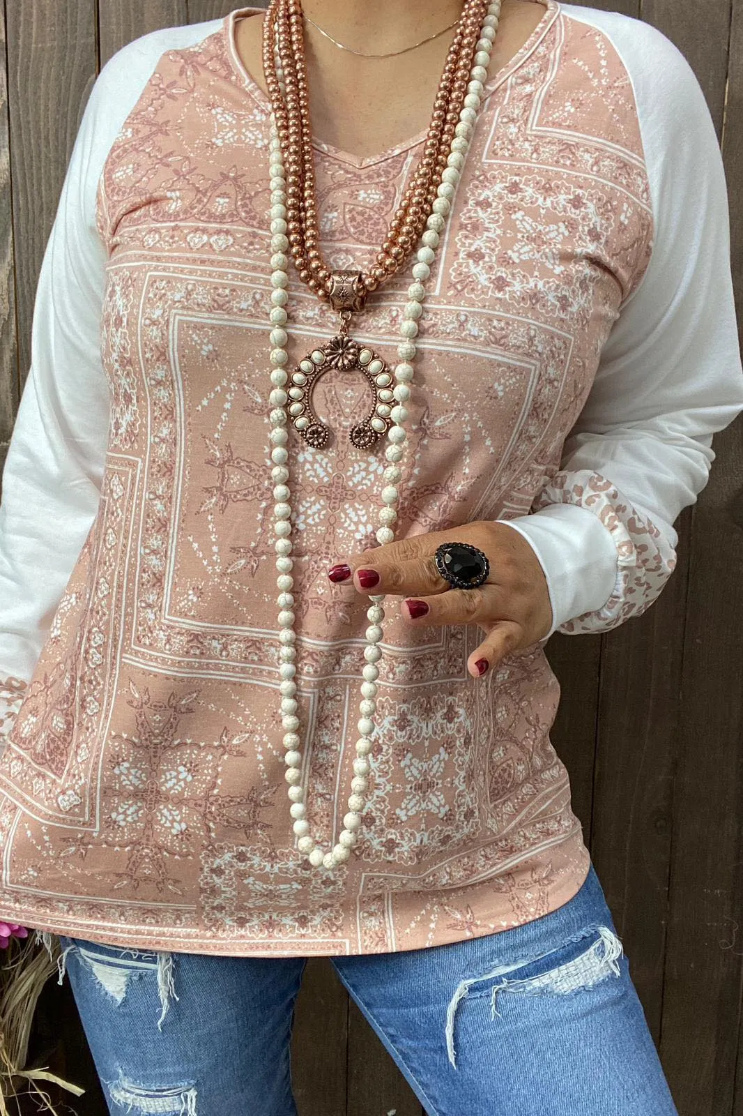 Tan Bandana print top white sleeves leopard cuff