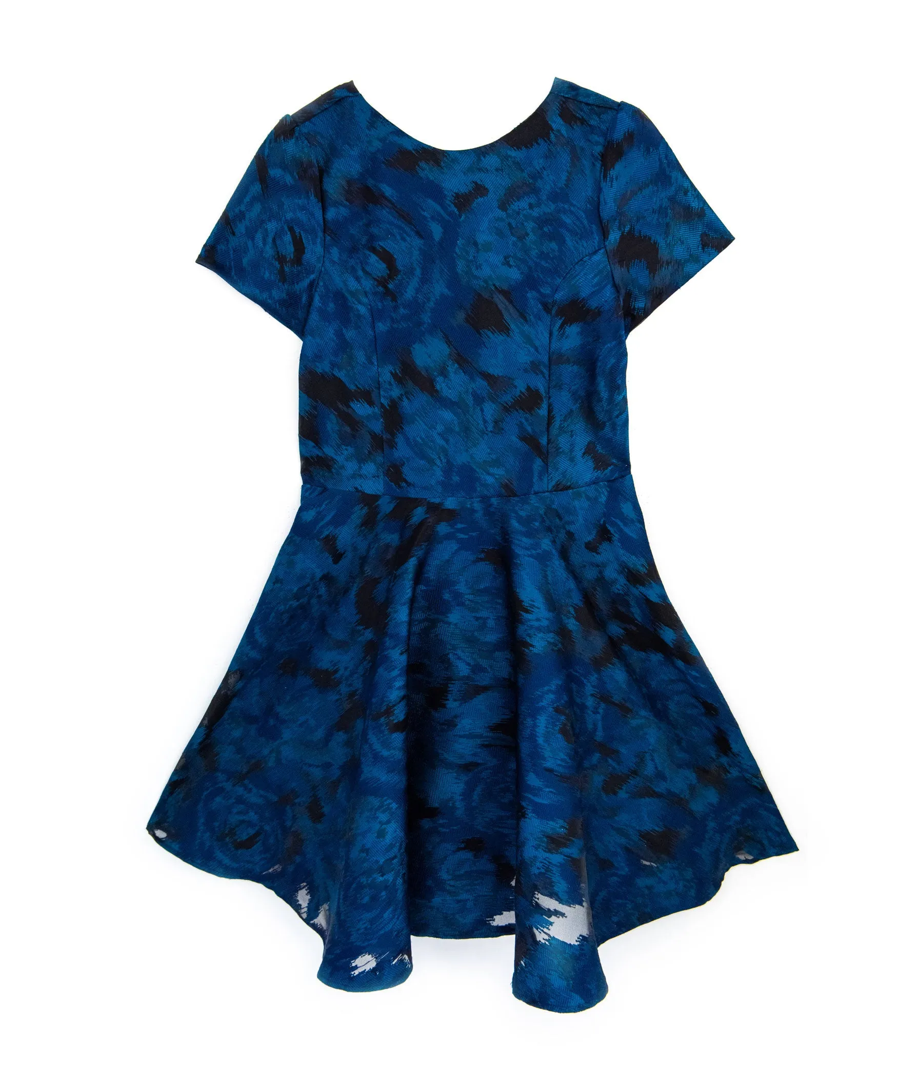 Un Deux Trois Girls Short Sleeve Blue Jacquard Dress