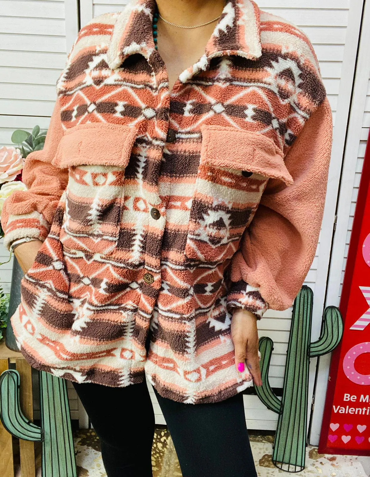 Warm Coral Tribal Sherpa Jacket Coat