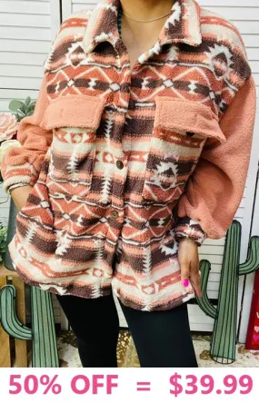 Warm Coral Tribal Sherpa Jacket Coat