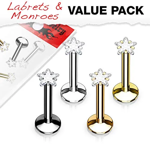 WILDKLASS 4 Pcs Value Pack Internally Threaded Star Prong Top Gem Labret Monroe Titanium IP Over 316L Surgical Steel