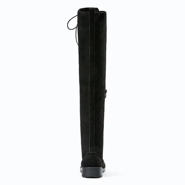 Women'S Black Lace-Up Over Knee Flat Boots 13268079