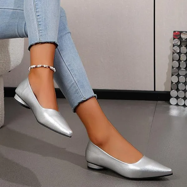 Women's Casual Silver Shallow Pointed Toe Flat Shoes 40034818S